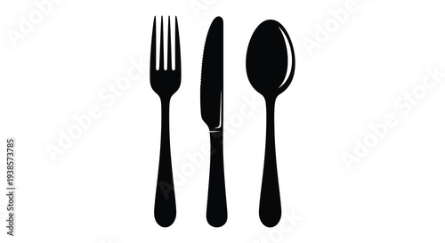 A simple arrangement of a fork knife and spoon presented in a stark black design silhouette high quality professional