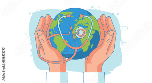 Hands holding the Earth with a stethoscope around it, symbolizing global health and medical care.
