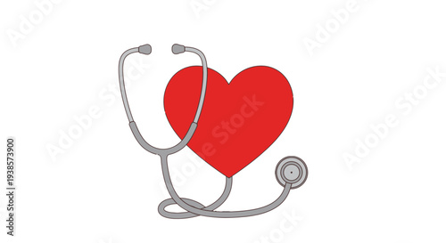 Red heart with stethoscope wrapped around it, symbolizing medical care and health.