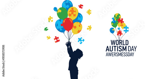 Silhouette of a child holding colorful balloons with autism awareness puzzle pieces.