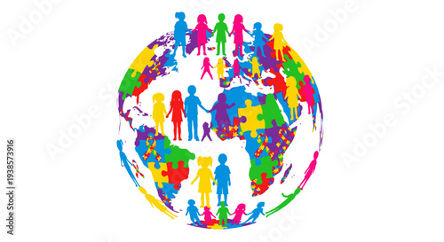 Diverse group of people standing together on a globe.
