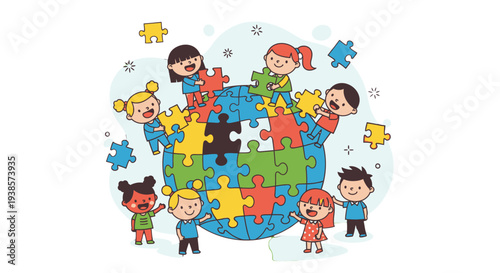 Diverse children assembling puzzle pieces to form the Earth.