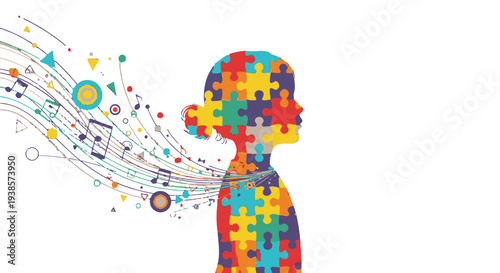 Colorful silhouette of a person with puzzle pieces and symbols.