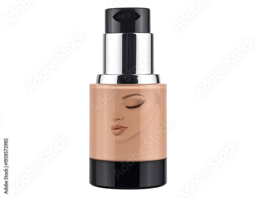 A bottle of liquid foundation with a face illustration