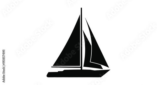 A striking black silhouette of a sailboat with triangular sails against a plain white background silhouette high quality professional