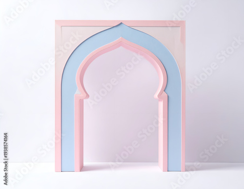 Soft pastel Islamic archway frames a serene, light-filled space