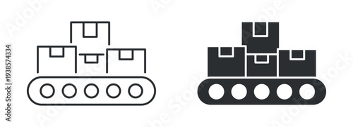 Package boxes conveyor belt delivery icon in outline and solid silhouette style. Vector illustration.