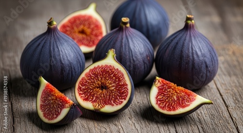 Rich, deep purple figs displayed on a rustic background. Some fruits are sliced open, revealing the vibrant, sweet interior flesh, dessert, purple, mediterranean
