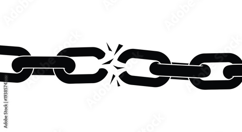 A stark black chain link illustration with a single broken link conveying fragility and disconnection silhouette high quality professional