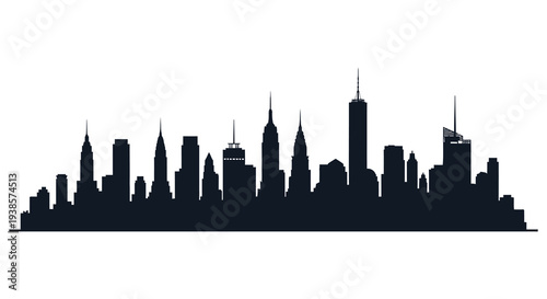 A striking black skyline showcases a dense urban landscape filled with towering buildings presented as a silhouette high quality