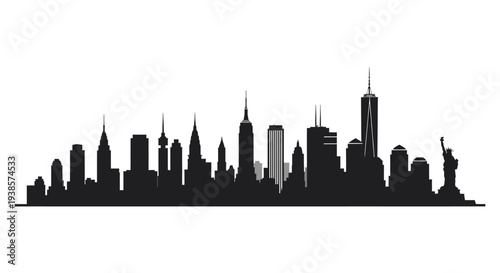 A striking black cityscape outlines iconic new york buildings including the statue of liberty as a silhouette high quality