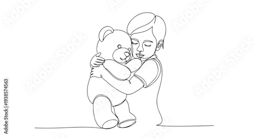 A single line drawing of a child with closed eyes hugging a teddy bear with great love and affection