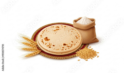 Fresh chapati on woven mat with wheat grains and flour sack vector illustration