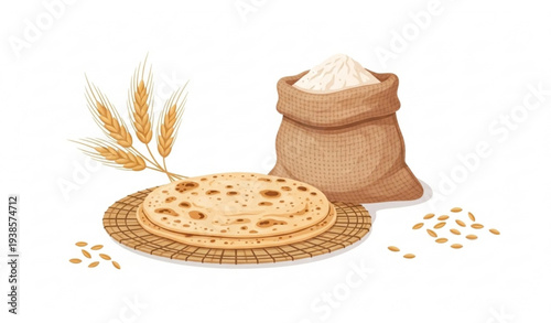 Golden chapati on mat with wheat and flour sack flat vector art