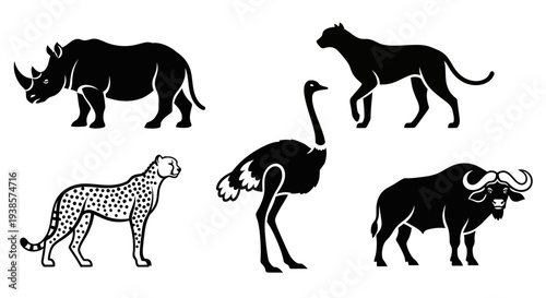 Collection of African Safari Animals Silhouettes: Rhino, Cheetah, Ostrich, Buffalo, Leopard