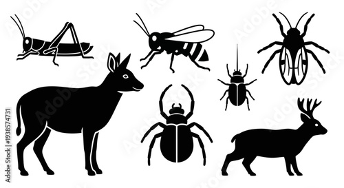 Collection of Animal and Insect Silhouettes: Deer, Grasshopper, Bee, and Beetles Icons