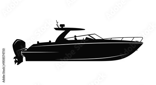 A sleek modern motorboat is depicted in a striking black form showcasing its design silhouette high quality professional detailed