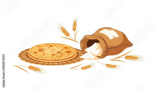 Chapati with wheat grains and flour sack on woven mat vector illustration