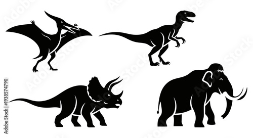 Collection of Prehistoric Animal Silhouettes: Dinosaurs and Mammoth