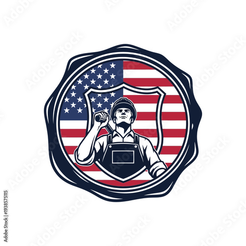 American worker with shield and american flag background