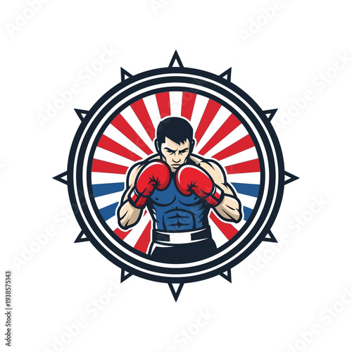 Boxer in red gloves and blue vest strikes pose