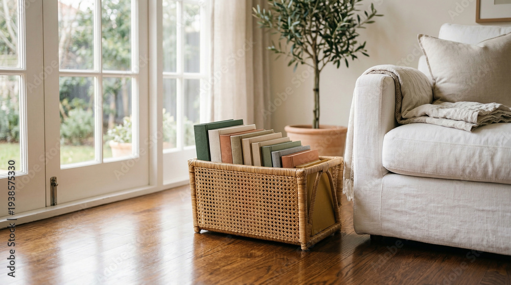 Fototapeta premium Serene Indoor Scene: A sun-drenched living area adorned with natural textures and elements of comfort. Showcasing a welcoming interior with hardwood flooring and natural light.