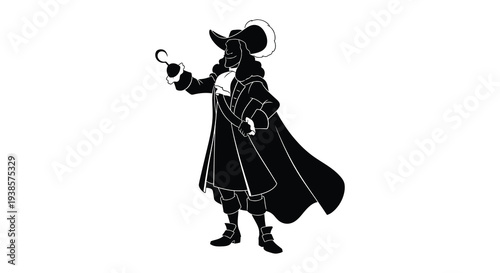 A striking black silhouette depicts a historic figure in ornate 17th century attire gesturing dramatically with a cane silhouette