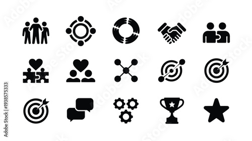 Collection of business and teamwork vector icons featuring people targets and symbols for goals communication and collaboration on a white background