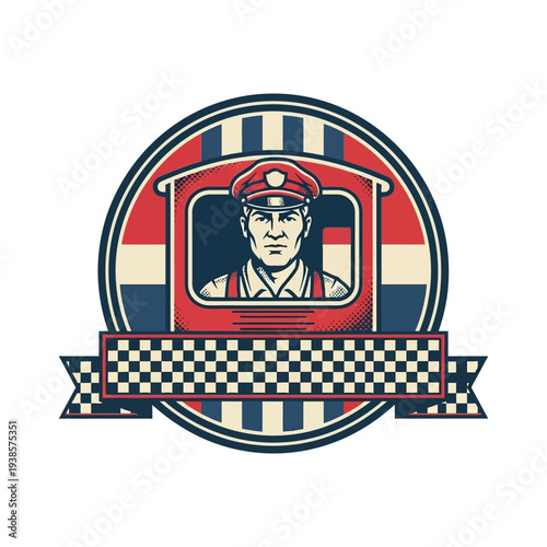 Vintage racing driver logo with checkered flag and red cab emblem design