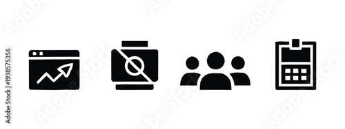 Set of black business management and productivity icons isolated on white background flat