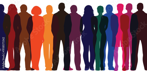 Vector illustration of a human body featuring a group of black business person silhouettes and fashion models in a professional team concept