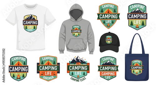 Camping themed merchandise collection with t-shirt hoodie cap tote bag and emblems.