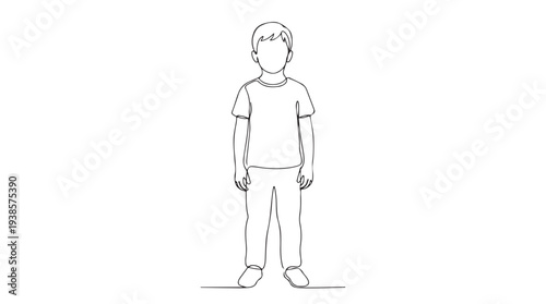 A simple, minimalist line drawing of a young boy standing, presented in a clean and uncluttered single-line art style