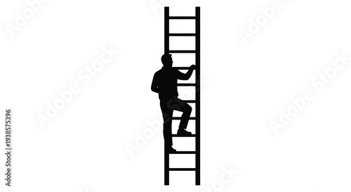 A solitary figure is depicted climbing a tall ladder against a stark white background creating a striking silhouette