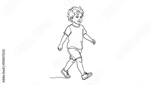 Simple Line Art Illustration of a Cheerful Young Boy Walking with a Smile, Portraying Childhood Innocence and Active Movement for Educational or Playful Content