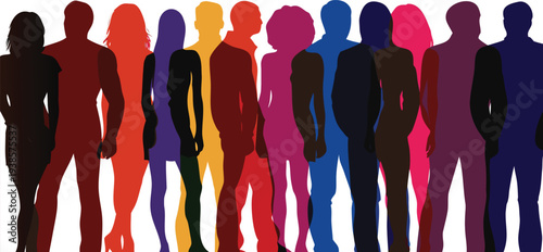 Vector illustration of a human body featuring a group of black business person silhouettes and fashion models in a professional team concept