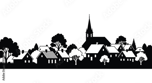 A quaint european village scene with rolling hills and a prominent church tower depicted as a silhouette high quality