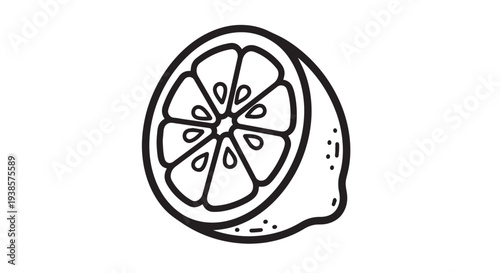 Stylized vector illustration of a freshly cut lemon half, showcasing its juicy segments and seeds design