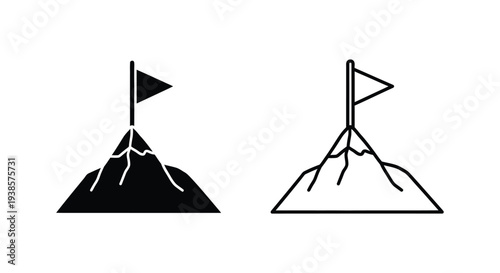 Set of 2 Minimalist Mountain Peak with Flag Icons Vector - Goal Achievement, Success, and Business Target Concepts in Solid and Outline Styles