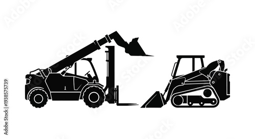 A detailed black illustration showcases a telehandler and skid steer loader in profile silhouette high quality professional modern elegant