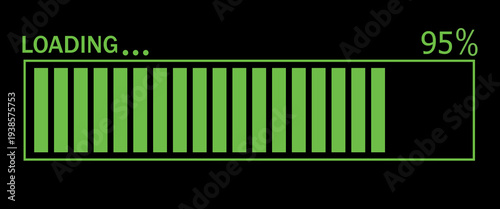 Vector illustration of a green loading bar isolated on a black background for websites and graphic resources. 95% loaded bar.