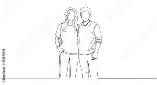 Continuous line art illustration depicting a minimalist couple standing together, symbolizing connection and unity in a simple, modern design