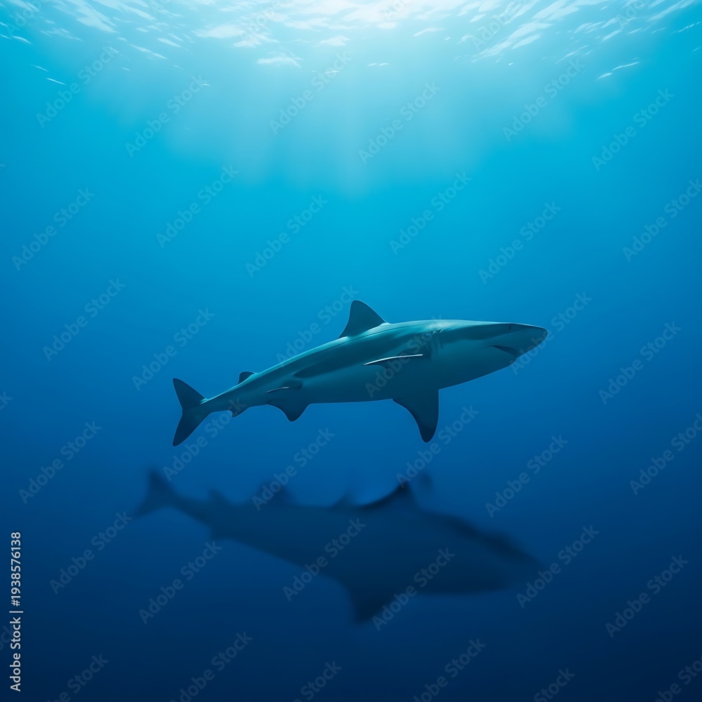 Fototapeta premium Large shark swimming in deep blue ocean.