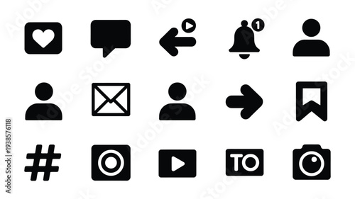 Social media engagement icons set including likes comments shares notifications profiles and hashtags on white background
