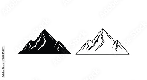 Minimalist Black Mountain Peak Silhouette and Outline Vector Icon Set for Outdoor Adventure, Hiking, and Nature Logos