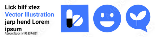 Healthcare, communication, emotions, growth concepts, therapy, eco-friendly conversations. Blue icons of a pill, happy face speech bubble with sprout. Healthcare and communication
