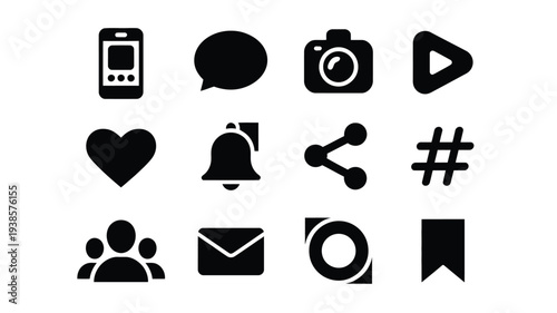 Collection of black social media and communication icons on white background for branding