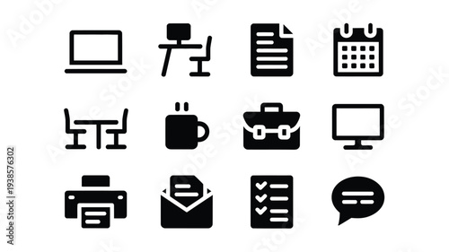 Minimalist office icons set including computer chair calendar printer and communication symbols on white background