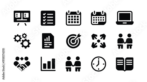 Business icons set including project management teamwork and productivity symbols on white background