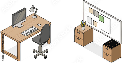 Vector illustration of an office accessories and management system, interior design featuring a 3d workplace with a desk, chair, and computer technology.